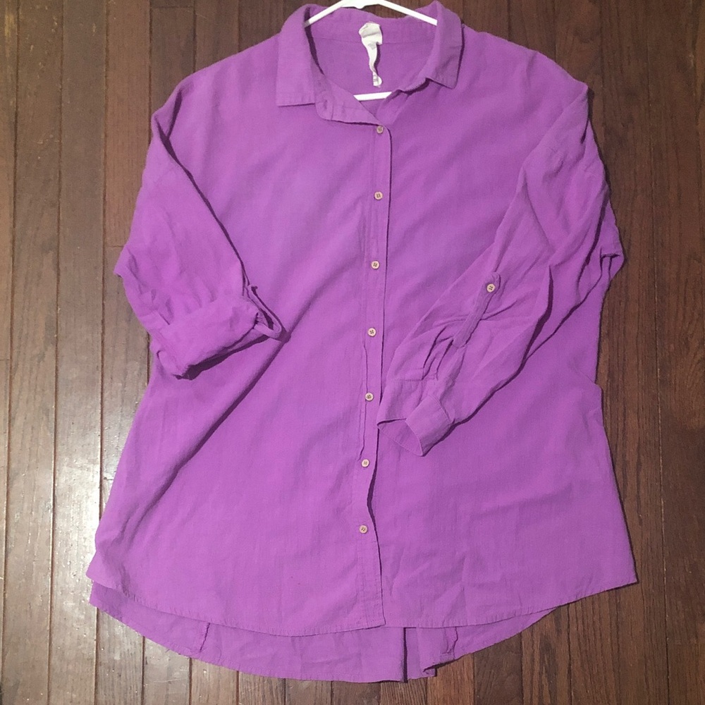 100% Cotton Purple Button-Down Tunic Shirt
